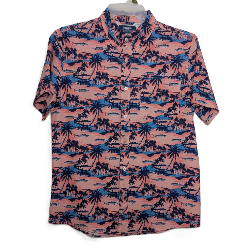 AFTCO Men's Pink Blue Island Print Button-Down Short Sleeve Fishing Shirt Size S